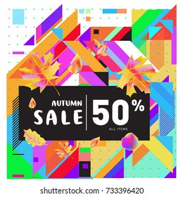 Autumn sale memphis style web banner. Fashion and travel discount poster. Vector holiday Abstract colorful illustration with special offer and promotion.