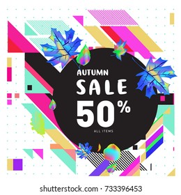 Autumn sale memphis style web banner. Fashion and travel discount poster. Vector holiday Abstract colorful illustration with special offer and promotion.