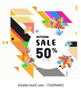 Autumn sale memphis style web banner. Fashion and travel discount poster. Vector holiday Abstract colorful illustration with special offer and promotion.