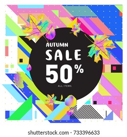 Autumn sale memphis style web banner. Fashion and travel discount poster. Vector holiday Abstract colorful illustration with special offer and promotion.