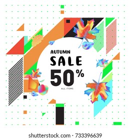Autumn sale memphis style web banner. Fashion and travel discount poster. Vector holiday Abstract colorful illustration with special offer and promotion.