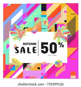 Autumn sale memphis style web banner. Fashion and travel discount poster. Vector holiday Abstract colorful illustration with special offer and promotion.