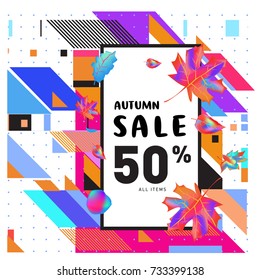Autumn sale memphis style web banner. Fashion and travel discount poster. Vector holiday Abstract colorful illustration with special offer and promotion.
