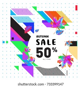 Autumn sale memphis style web banner. Fashion and travel discount poster. Vector holiday Abstract colorful illustration with special offer and promotion.