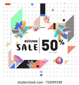 Autumn sale memphis style web banner. Fashion and travel discount poster. Vector holiday Abstract colorful illustration with special offer and promotion.