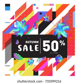 Autumn sale memphis style web banner. Fashion and travel discount poster. Vector holiday Abstract colorful illustration with special offer and promotion.