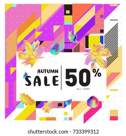 Autumn sale memphis style web banner. Fashion and travel discount poster. Vector holiday Abstract colorful illustration with special offer and promotion.