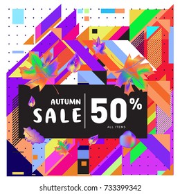 Autumn sale memphis style web banner. Fashion and travel discount poster. Vector holiday Abstract colorful illustration with special offer and promotion.