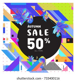 Autumn sale memphis style web banner. Fashion and travel discount poster. Vector holiday Abstract colorful illustration with special offer and promotion.