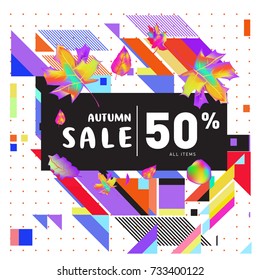 Autumn sale memphis style web banner. Fashion and travel discount poster. Vector holiday Abstract colorful illustration with special offer and promotion.