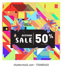 Autumn sale memphis style web banner. Fashion and travel discount poster. Vector holiday Abstract colorful illustration with special offer and promotion.