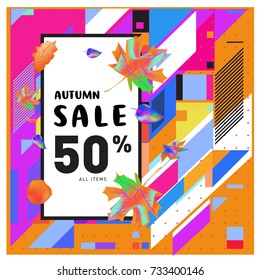 Autumn sale memphis style web banner. Fashion and travel discount poster. Vector holiday Abstract colorful illustration with special offer and promotion.