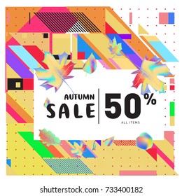Autumn sale memphis style web banner. Fashion and travel discount poster. Vector holiday Abstract colorful illustration with special offer and promotion.