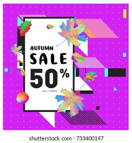 Autumn sale memphis style web banner. Fashion and travel discount poster. Vector holiday Abstract colorful illustration with special offer and promotion.