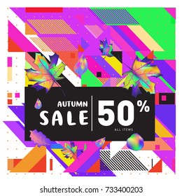 Autumn sale memphis style web banner. Fashion and travel discount poster. Vector holiday Abstract colorful illustration with special offer and promotion.