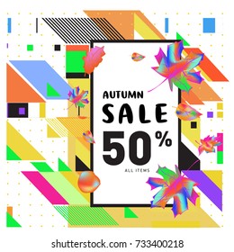 Autumn sale memphis style web banner. Fashion and travel discount poster. Vector holiday Abstract colorful illustration with special offer and promotion.
