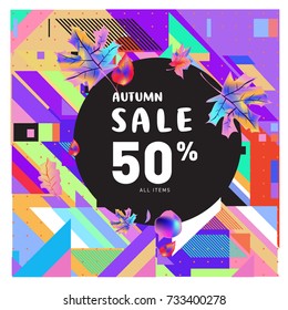 Autumn sale memphis style web banner. Fashion and travel discount poster. Vector holiday Abstract colorful illustration with special offer and promotion.