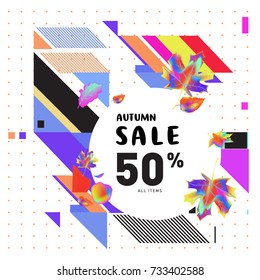 Autumn sale memphis style web banner. Fashion and travel discount poster. Vector holiday Abstract colorful illustration with special offer and promotion.