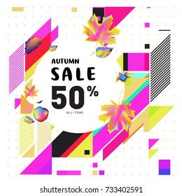 Autumn sale memphis style web banner. Fashion and travel discount poster. Vector holiday Abstract colorful illustration with special offer and promotion.