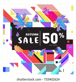 Autumn sale memphis style web banner. Fashion and travel discount poster. Vector holiday Abstract colorful illustration with special offer and promotion.