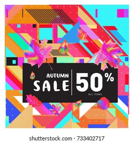 Autumn sale memphis style web banner. Fashion and travel discount poster. Vector holiday Abstract colorful illustration with special offer and promotion.