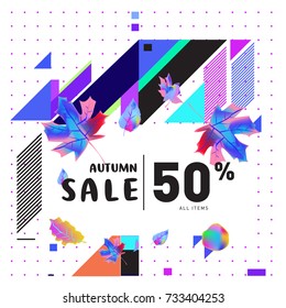 Autumn sale memphis style web banner. Fashion and travel discount poster. Vector holiday Abstract colorful illustration with special offer and promotion.