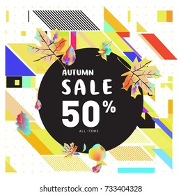 Autumn sale memphis style web banner. Fashion and travel discount poster. Vector holiday Abstract colorful illustration with special offer and promotion.