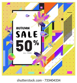 Autumn sale memphis style web banner. Fashion and travel discount poster. Vector holiday Abstract colorful illustration with special offer and promotion.