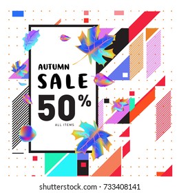 Autumn sale memphis style web banner. Fashion and travel discount poster. Vector holiday Abstract colorful illustration with special offer and promotion.