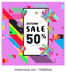 Autumn sale memphis style web banner. Fashion and travel discount poster. Vector holiday Abstract colorful illustration with special offer and promotion.