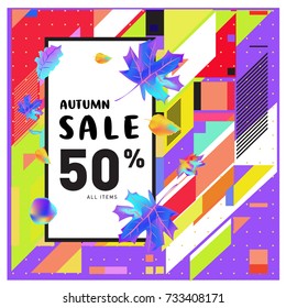 Autumn sale memphis style web banner. Fashion and travel discount poster. Vector holiday Abstract colorful illustration with special offer and promotion.