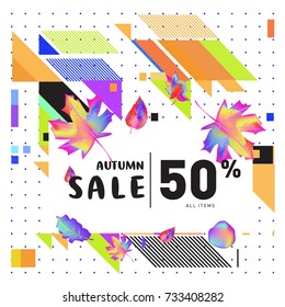 Autumn sale memphis style web banner. Fashion and travel discount poster. Vector holiday Abstract colorful illustration with special offer and promotion.