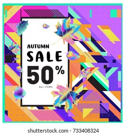 Autumn sale memphis style web banner. Fashion and travel discount poster. Vector holiday Abstract colorful illustration with special offer and promotion.