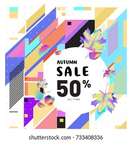 Autumn sale memphis style web banner. Fashion and travel discount poster. Vector holiday Abstract colorful illustration with special offer and promotion.