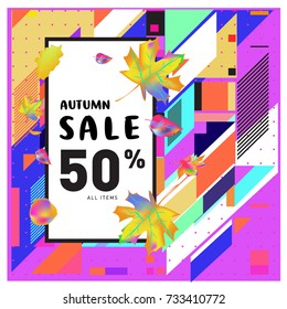 Autumn sale memphis style web banner. Fashion and travel discount poster. Vector holiday Abstract colorful illustration with special offer and promotion.