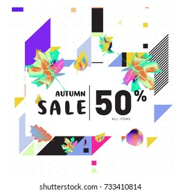 Autumn sale memphis style web banner. Fashion and travel discount poster. Vector holiday Abstract colorful illustration with special offer and promotion.