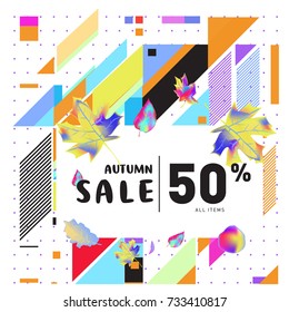 Autumn sale memphis style web banner. Fashion and travel discount poster. Vector holiday Abstract colorful illustration with special offer and promotion.