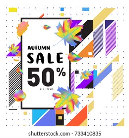Autumn sale memphis style web banner. Fashion and travel discount poster. Vector holiday Abstract colorful illustration with special offer and promotion.