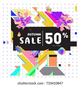 Autumn sale memphis style web banner. Fashion and travel discount poster. Vector holiday Abstract colorful illustration with special offer and promotion.
