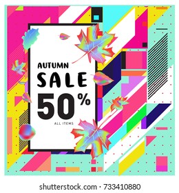 Autumn sale memphis style web banner. Fashion and travel discount poster. Vector holiday Abstract colorful illustration with special offer and promotion.