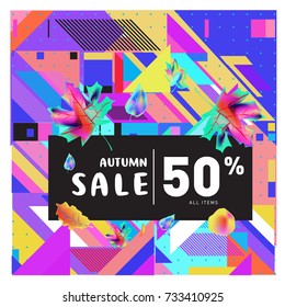 Autumn sale memphis style web banner. Fashion and travel discount poster. Vector holiday Abstract colorful illustration with special offer and promotion.