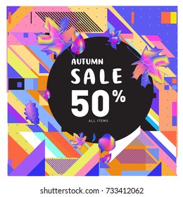 Autumn sale memphis style web banner. Fashion and travel discount poster. Vector holiday Abstract colorful illustration with special offer and promotion.