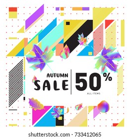 Autumn sale memphis style web banner. Fashion and travel discount poster. Vector holiday Abstract colorful illustration with special offer and promotion.