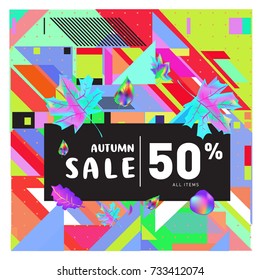 Autumn sale memphis style web banner. Fashion and travel discount poster. Vector holiday Abstract colorful illustration with special offer and promotion.