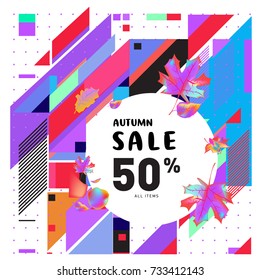Autumn sale memphis style web banner. Fashion and travel discount poster. Vector holiday Abstract colorful illustration with special offer and promotion.