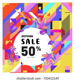 Autumn sale memphis style web banner. Fashion and travel discount poster. Vector holiday Abstract colorful illustration with special offer and promotion.