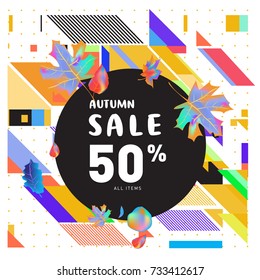 Autumn sale memphis style web banner. Fashion and travel discount poster. Vector holiday Abstract colorful illustration with special offer and promotion.