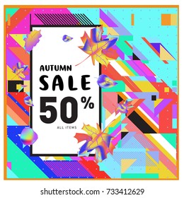 Autumn sale memphis style web banner. Fashion and travel discount poster. Vector holiday Abstract colorful illustration with special offer and promotion.