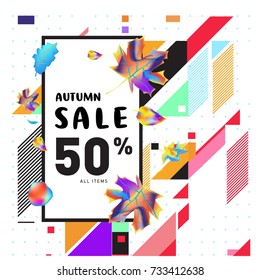 Autumn sale memphis style web banner. Fashion and travel discount poster. Vector holiday Abstract colorful illustration with special offer and promotion.