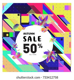 Autumn sale memphis style web banner. Fashion and travel discount poster. Vector holiday Abstract colorful illustration with special offer and promotion.